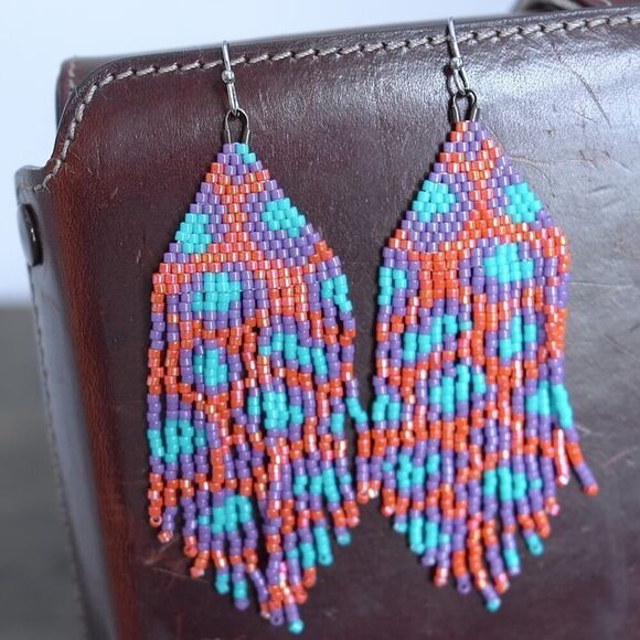 Leopard Cheetah Print Beaded Fringe Earrings Miyuki Delica Handwoven Unique Boho - Picture 6 of 8